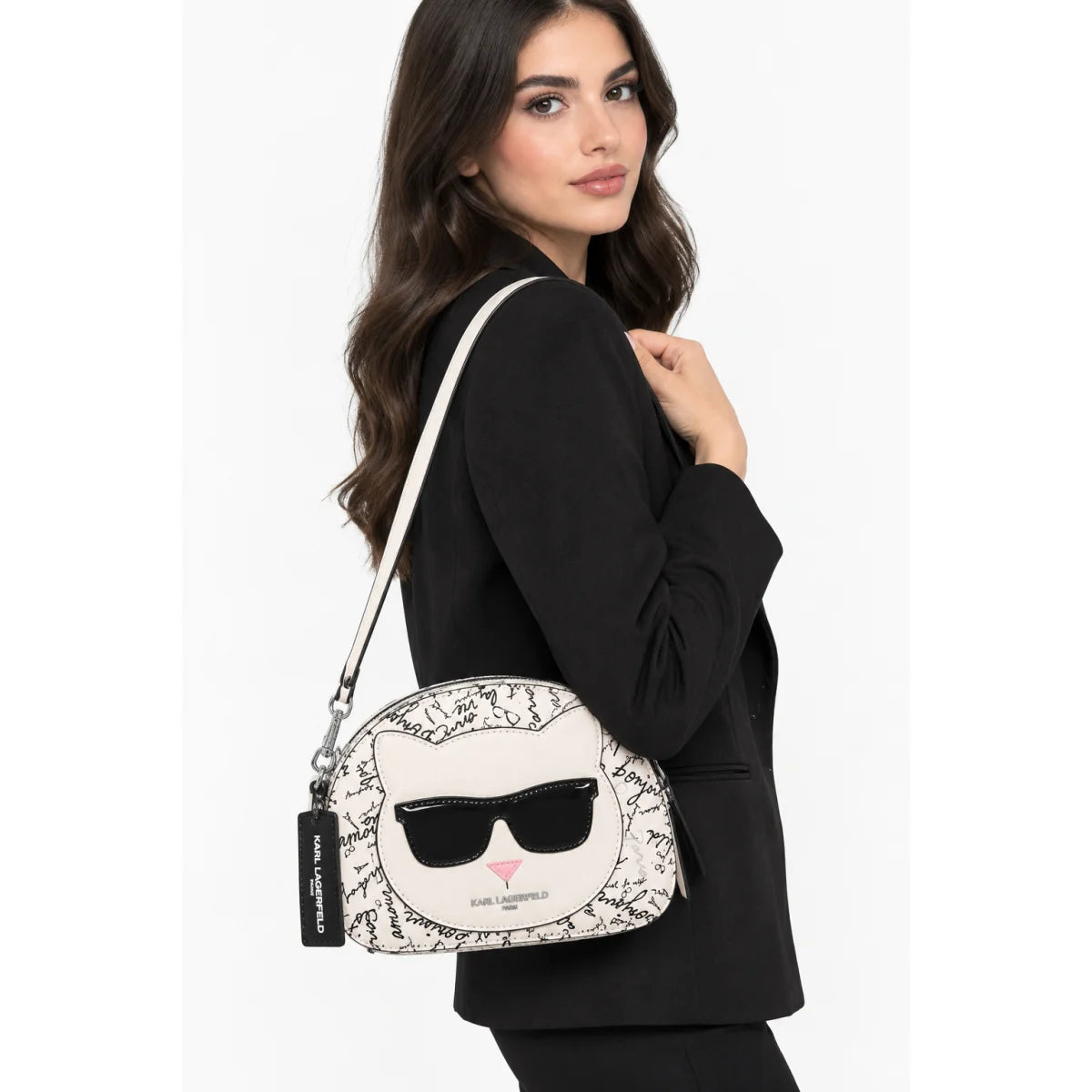 Karl Lagerfeld Paris Choupette Scribble Print Dome Crossbody Bag – Ivory & Black - White-Black