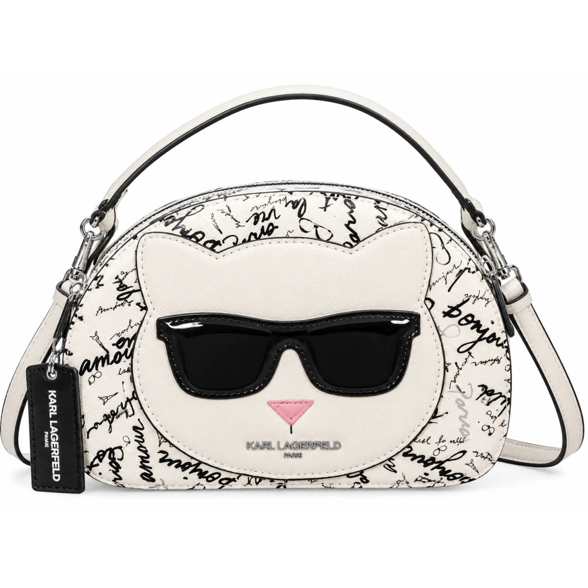 Karl Lagerfeld Paris Choupette Scribble Print Dome Crossbody Bag – Ivory & Black - White-Black