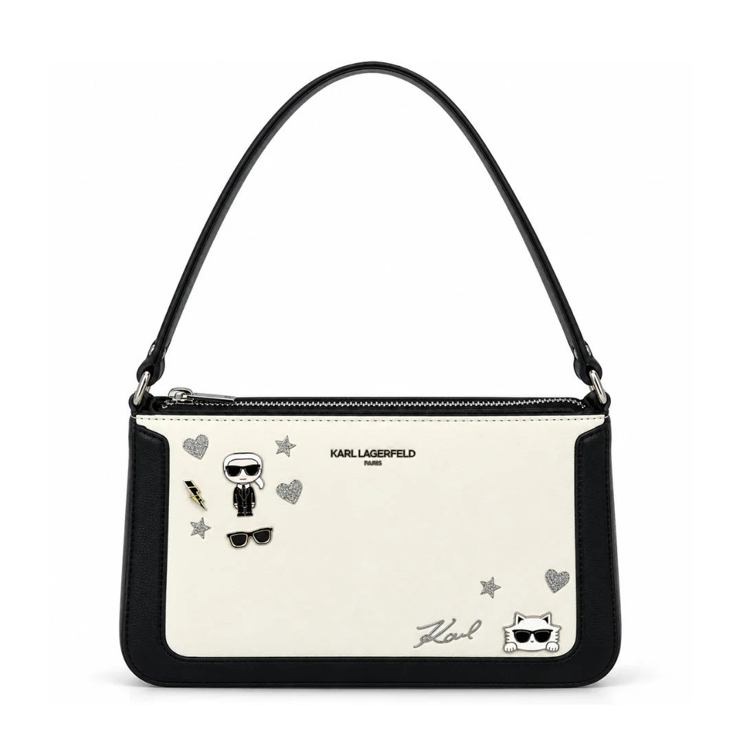 KARL LAGERFELD PARIS GENUINE LEATHER HANDBAG/SHOULDER WHITE/BLACK NEW AUTHENTIC - White-Black