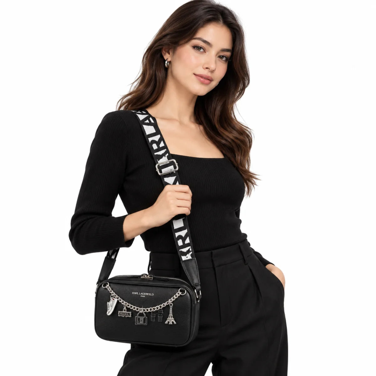 Karl Lagerfeld Paris Maybelle Crossbody Logo Camera Bag - BLK - Black