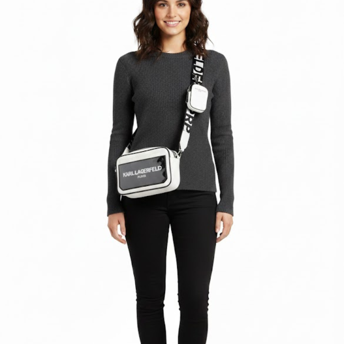 Karl Lagerfeld Paris Maybelle Logo Camera Crossbody Bag Women - WHTBLK - Black-White