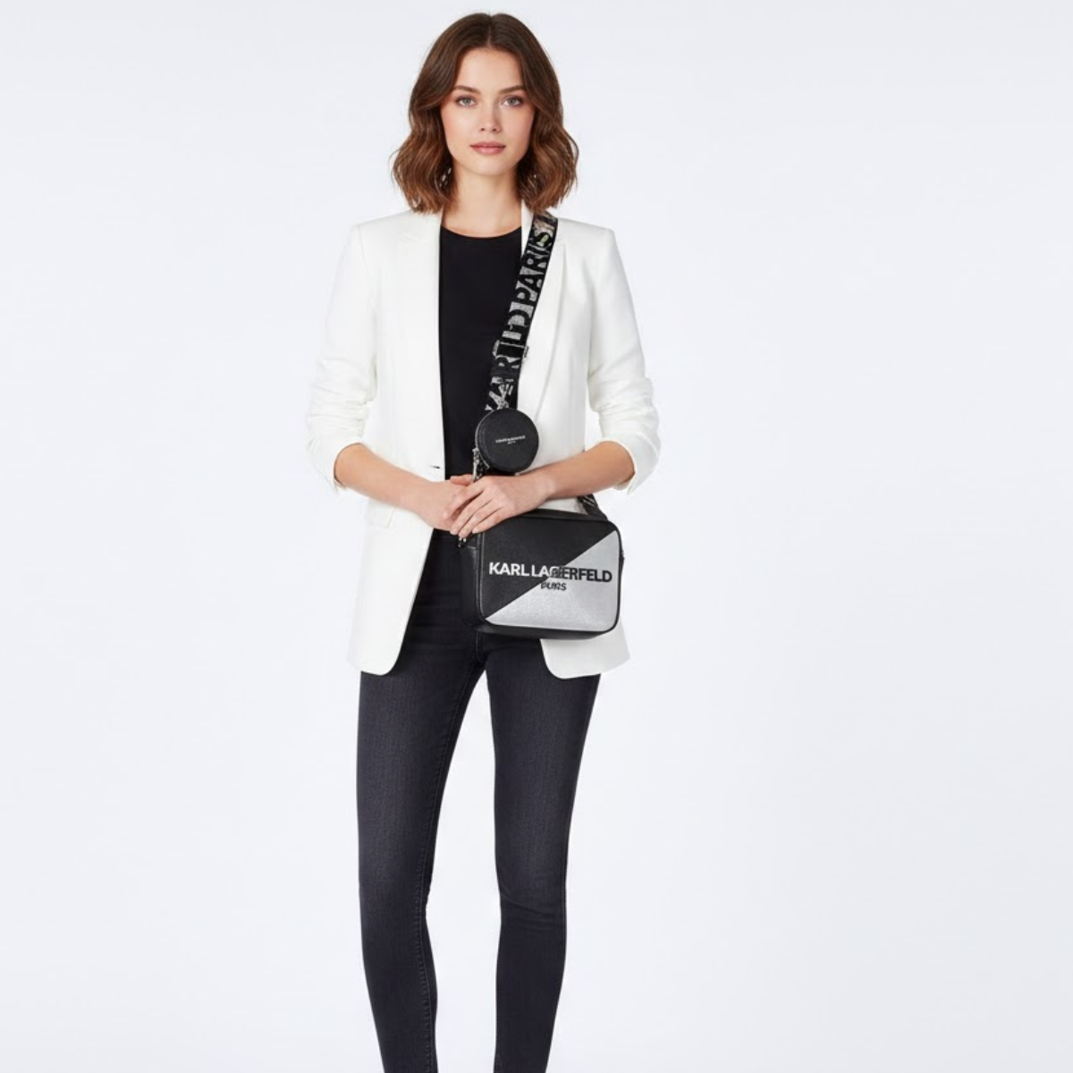 Karl Lagerfeld Paris Maybelle Satchel Handbag Crossbody - BLKSLV - Black-Silver