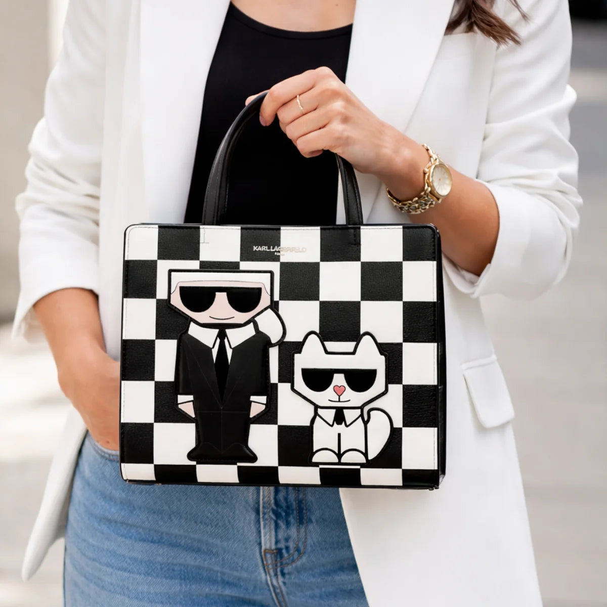 Karl Lagerfeld Paris Maybelle2 Satchel Handbag - BLKWHT - Black-White