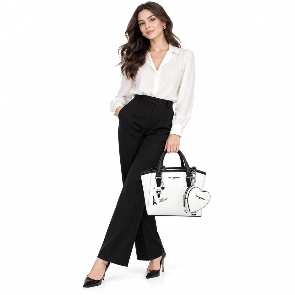 Karl Lagerfeld Paris Nouveau Small Satchel Tote Eiffel Tower Heart Pouch NWT - White-Black