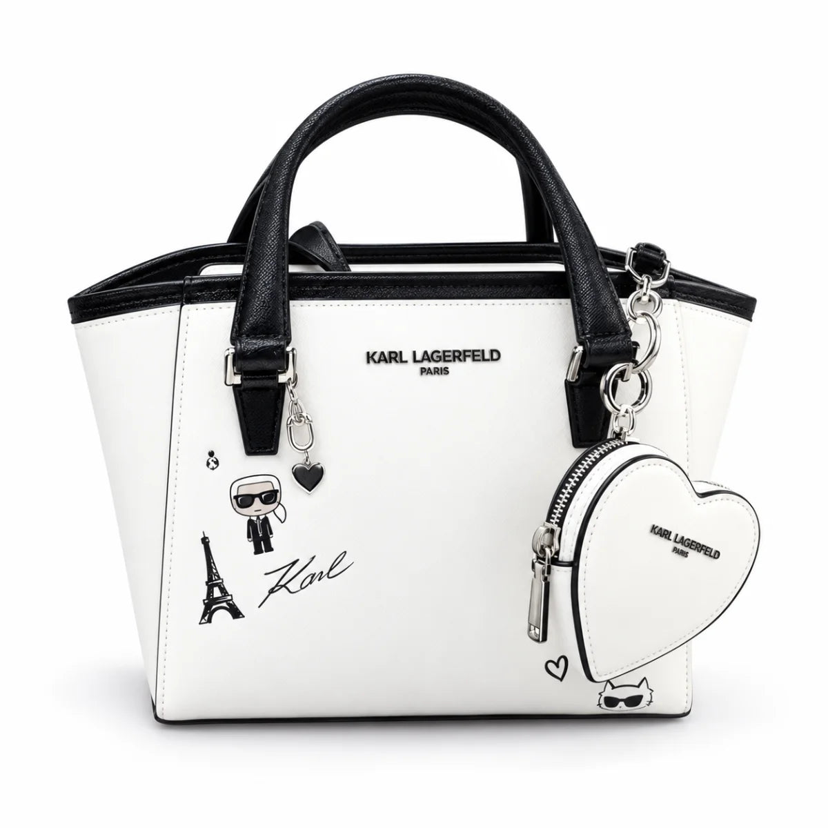 Karl Lagerfeld Paris Nouveau Small Satchel Tote Eiffel Tower Heart Pouch NWT - White-Black
