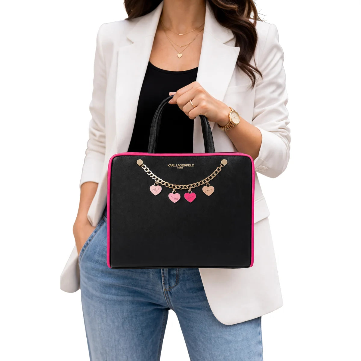 Karl Lagerfeld Paris Satchel With Logo Handbag - BLKPNK - Black-Pink