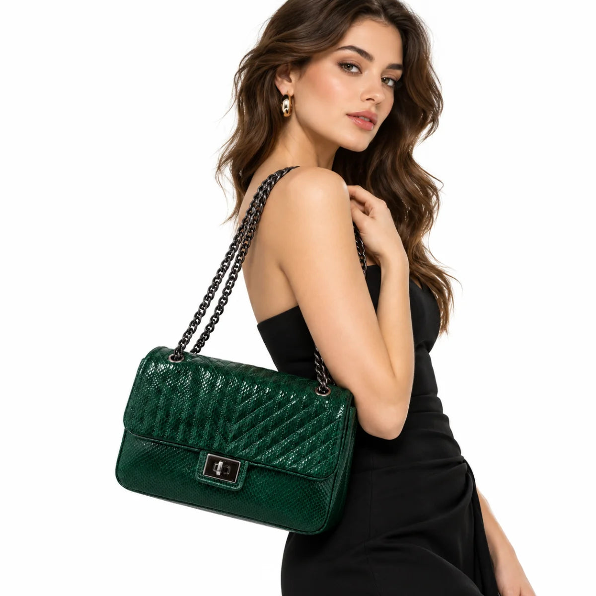 Karl Lagerfeld Paris Snake-Print Chain Shoulder Bag - DBRN - Dark Brown