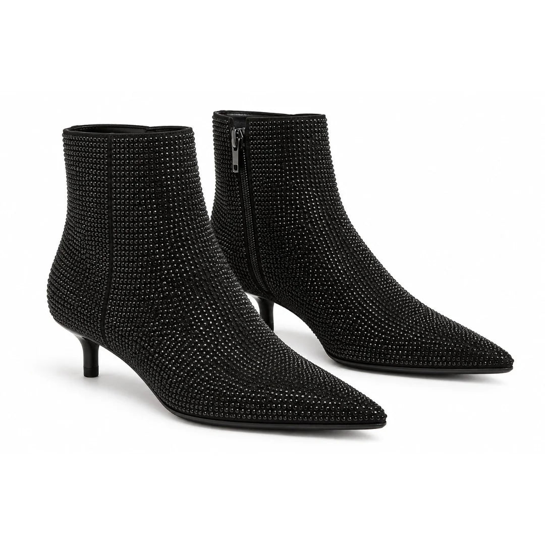 Marks & Spencer Satin Hotfix Kitten Heel Pointed Ankle Boots - BLK - Black mix / 35.5