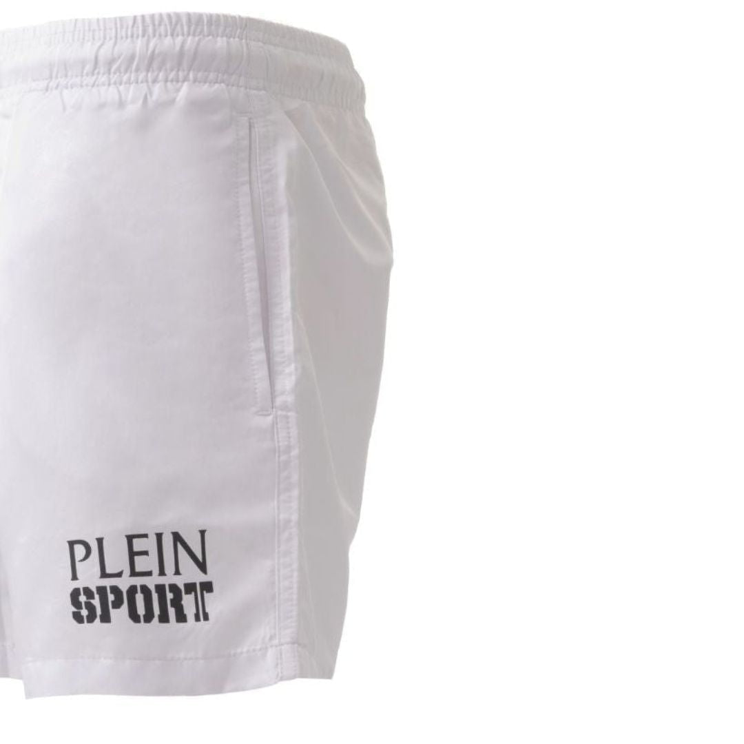 PLEIN SPORT Logo Print Drawstring Swim Shorts Men PS25038-WHT
