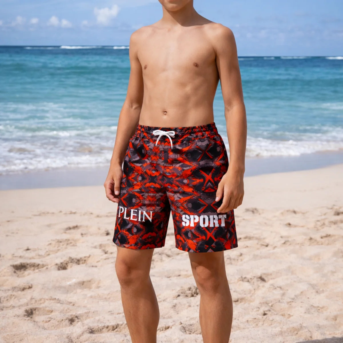 PLEIN SPORT Logo Print Drawstring Swim Shorts Men PS25099- RED - Red / 14-15year