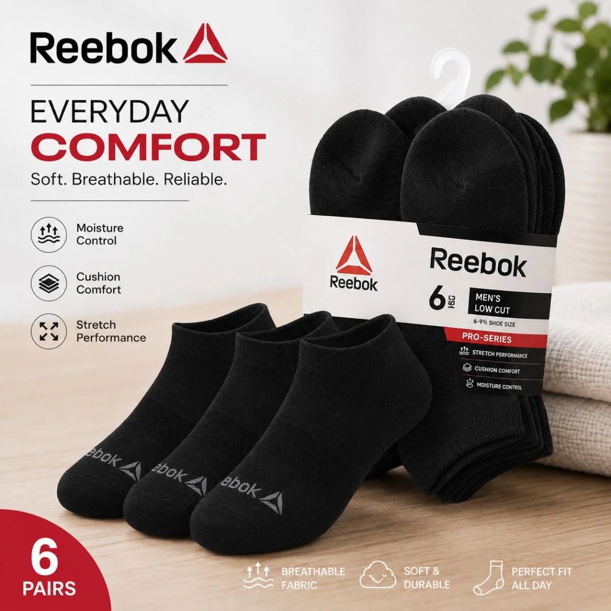 Reebok 6 Pack Low Cut Men Socks