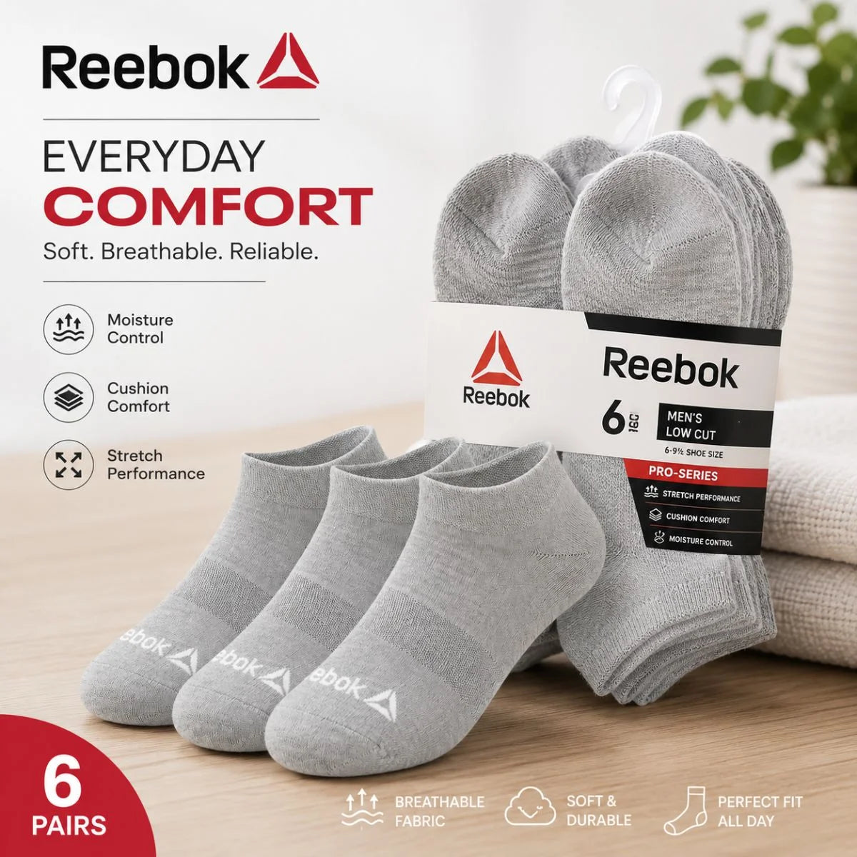 Reebok 6 Pack Low Cut Men Socks - GRY - Gray / OS / 6
