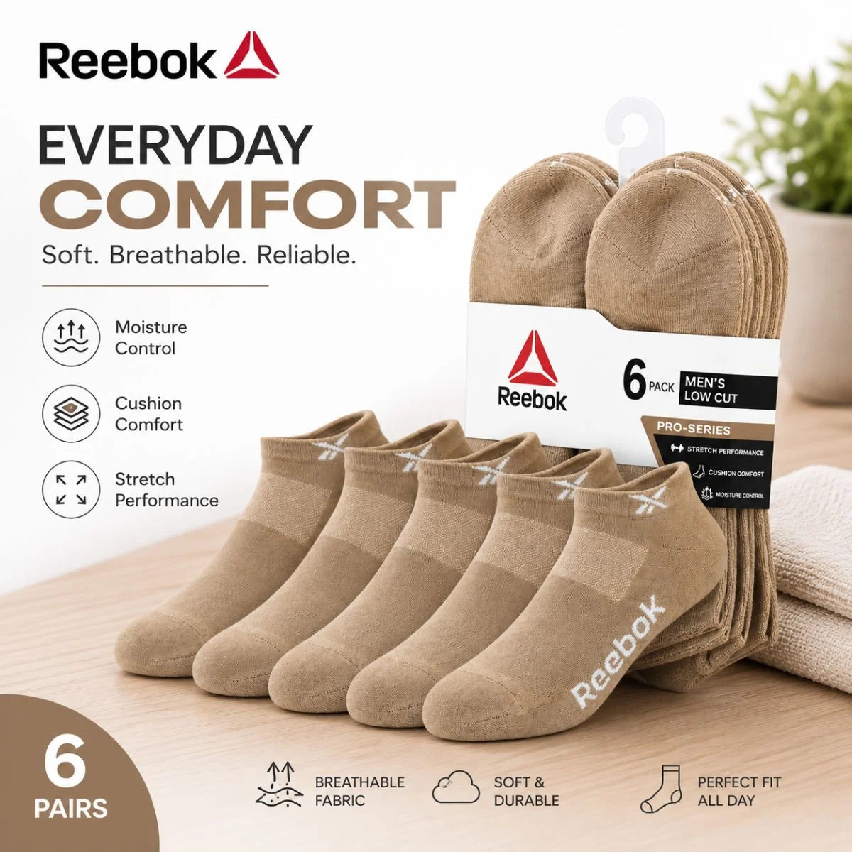 Reebok 6 Pack Low Cut Men Socks S002 - Beige / OS / 6