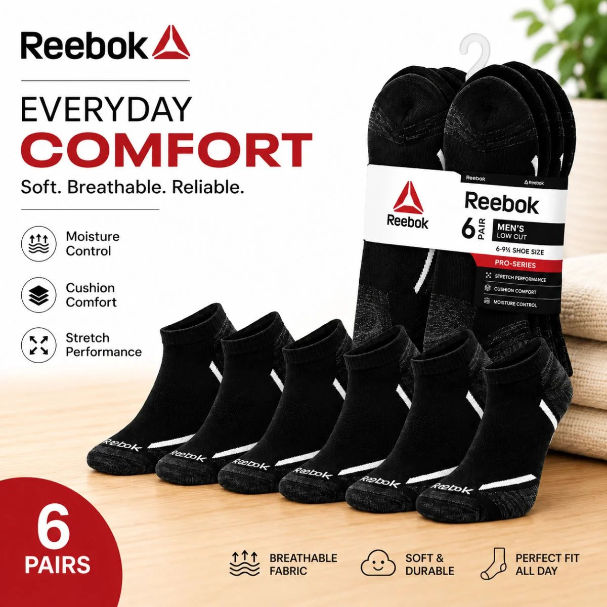 Reebok 6 Pack Low Cut Socks S005 - Black / OS / 6