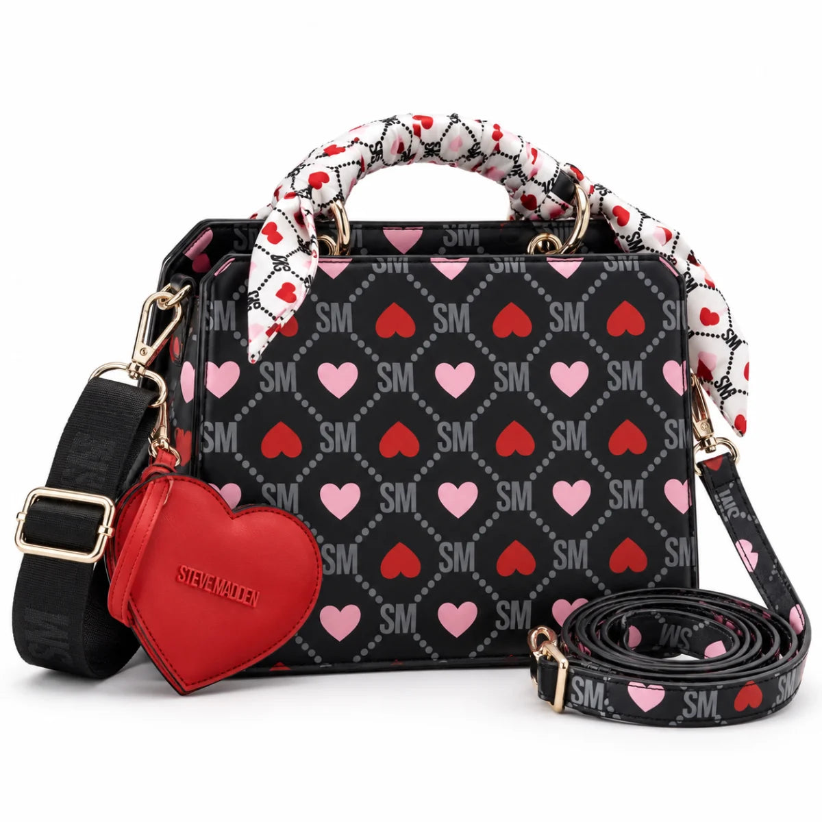 Steve Madden Bevelyn Heart Print Convertible Satchel Bag Women - BLK - Black