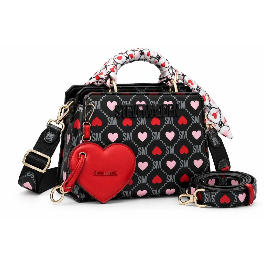Steve Madden Bevelyn Heart Print Convertible Satchel Bag Women - BLK - Black