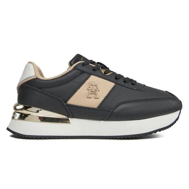 Tommy Hilfiger Elevated Metallic Heel Leather Runner Trainers Women - BLK - Black / 36 / M