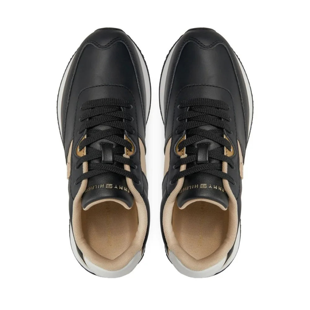Tommy Hilfiger Elevated Metallic Heel Leather Runner Trainers Women - BLK