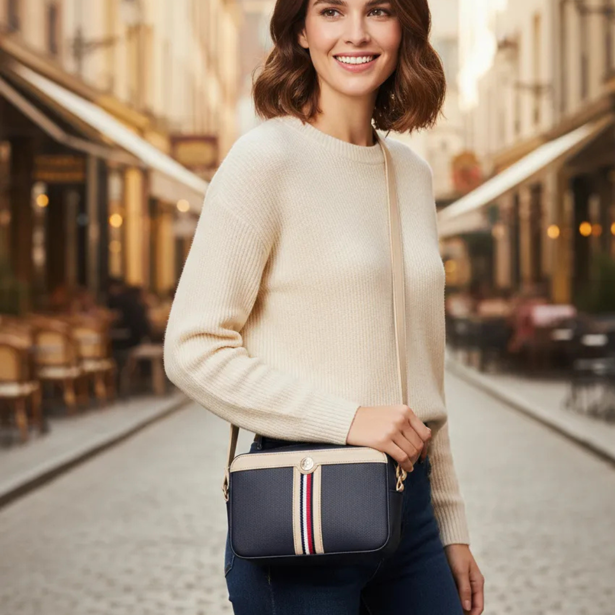 Tommy Hilfiger Gold Stripes in the Center Crossbody Bag - NVYBEG - Navy-Beige