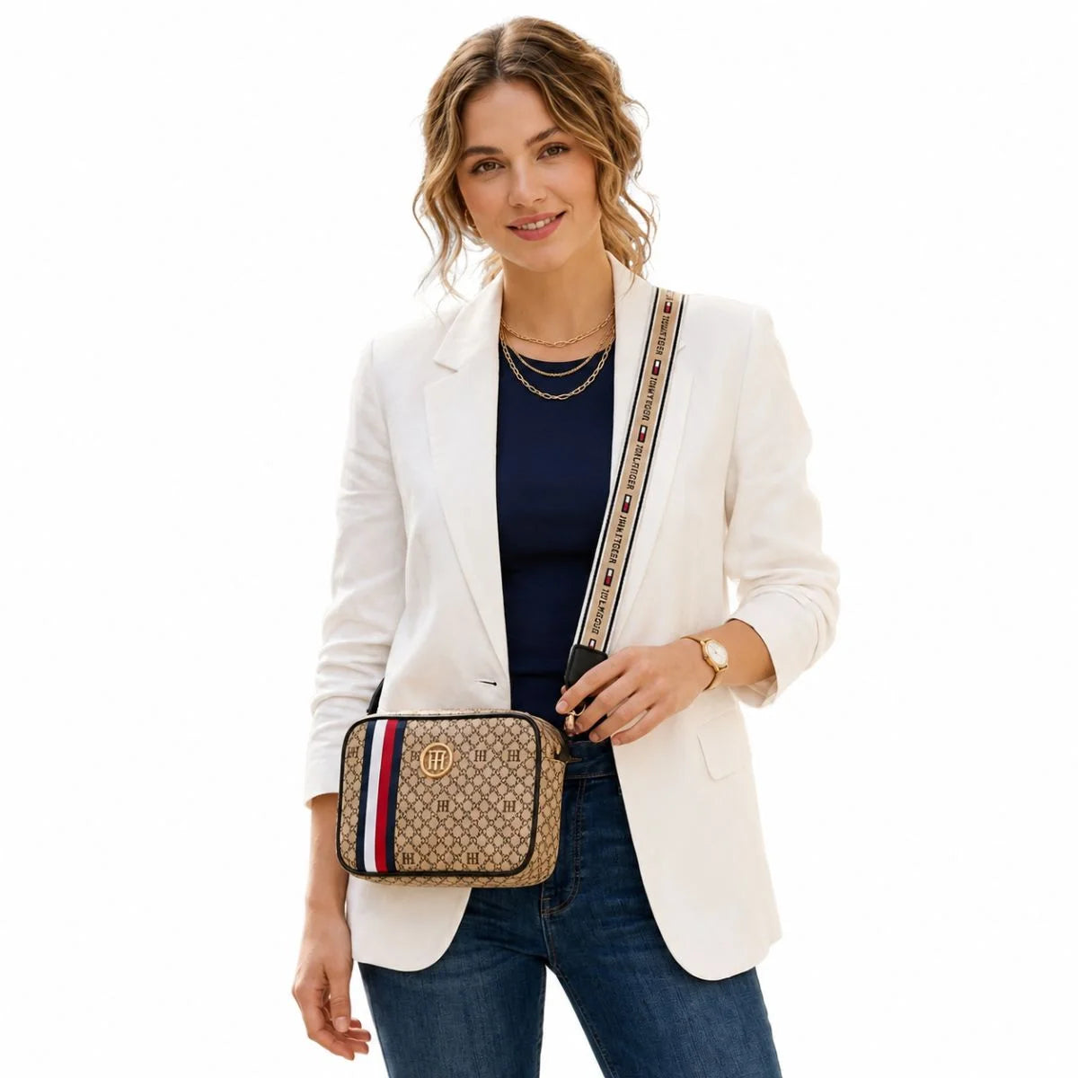 Tommy Hilfiger Iconic Monogram Camera Crossbody Bag - BEGNVY - Beige-Navy