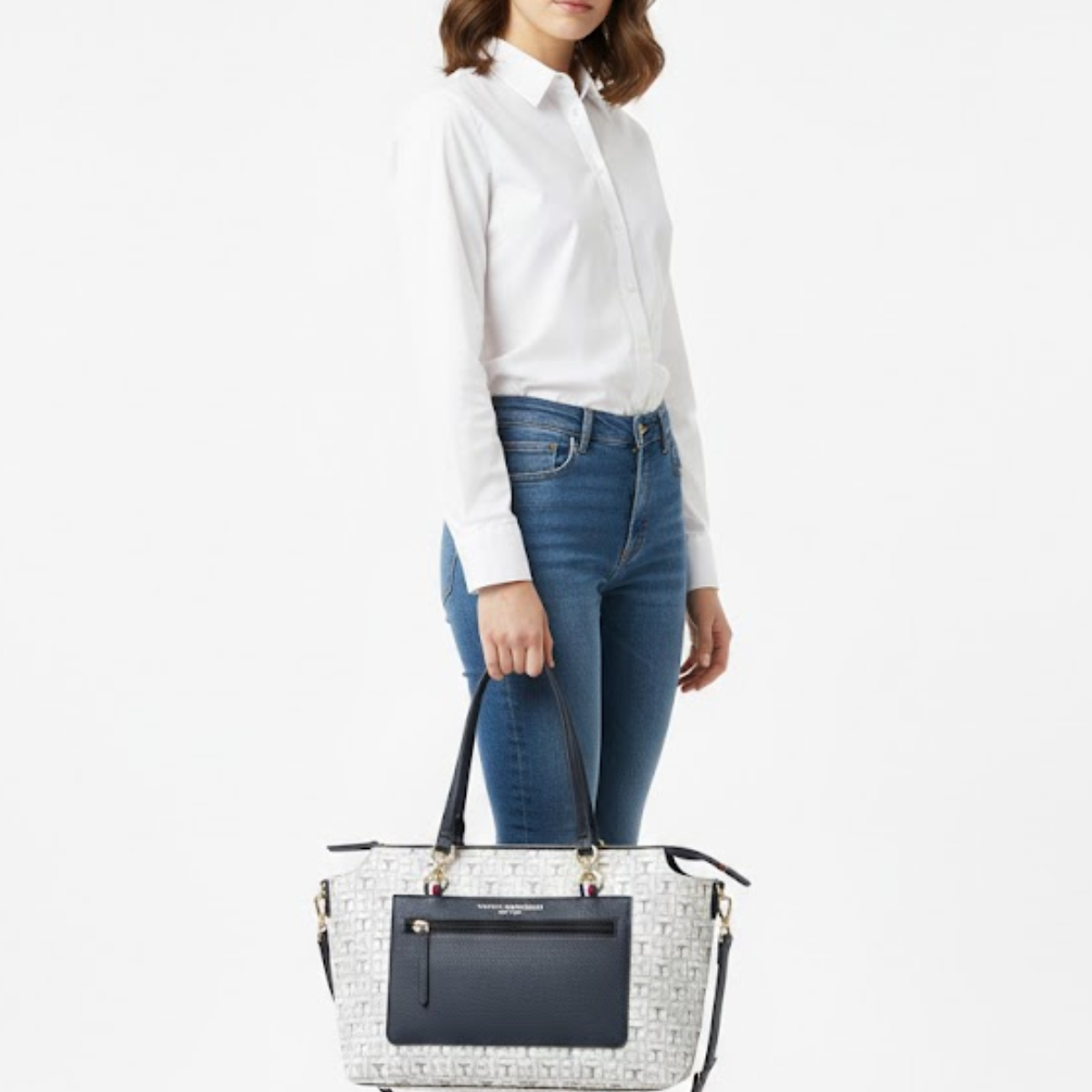 Tommy Hilfiger Jacquard Amelia Satchel Shoulder Bag women - NVYWHT - Nany-White