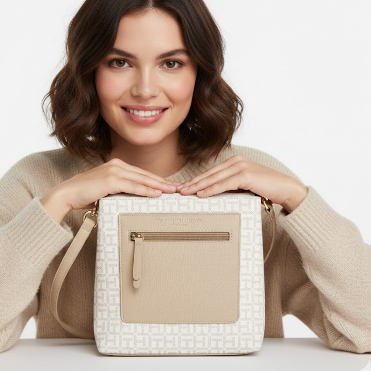 Tommy Hilfiger Jacquard Amelia Small Satchel Crossbody Bag - BEGWHT - Beige-White