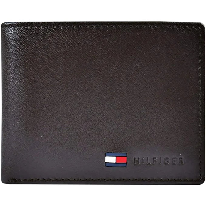 Tommy Hilfiger Men’s Leather Wallet Bifold Hybrid Flip Pocket Brown - Brown - Accessories