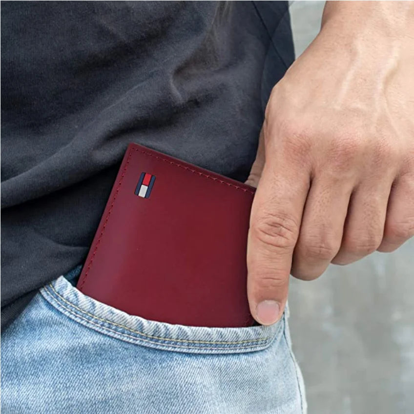Tommy Hilfiger Men’s Leather Wallet Slim Bifold Deep Red - Deep Red - Accessories