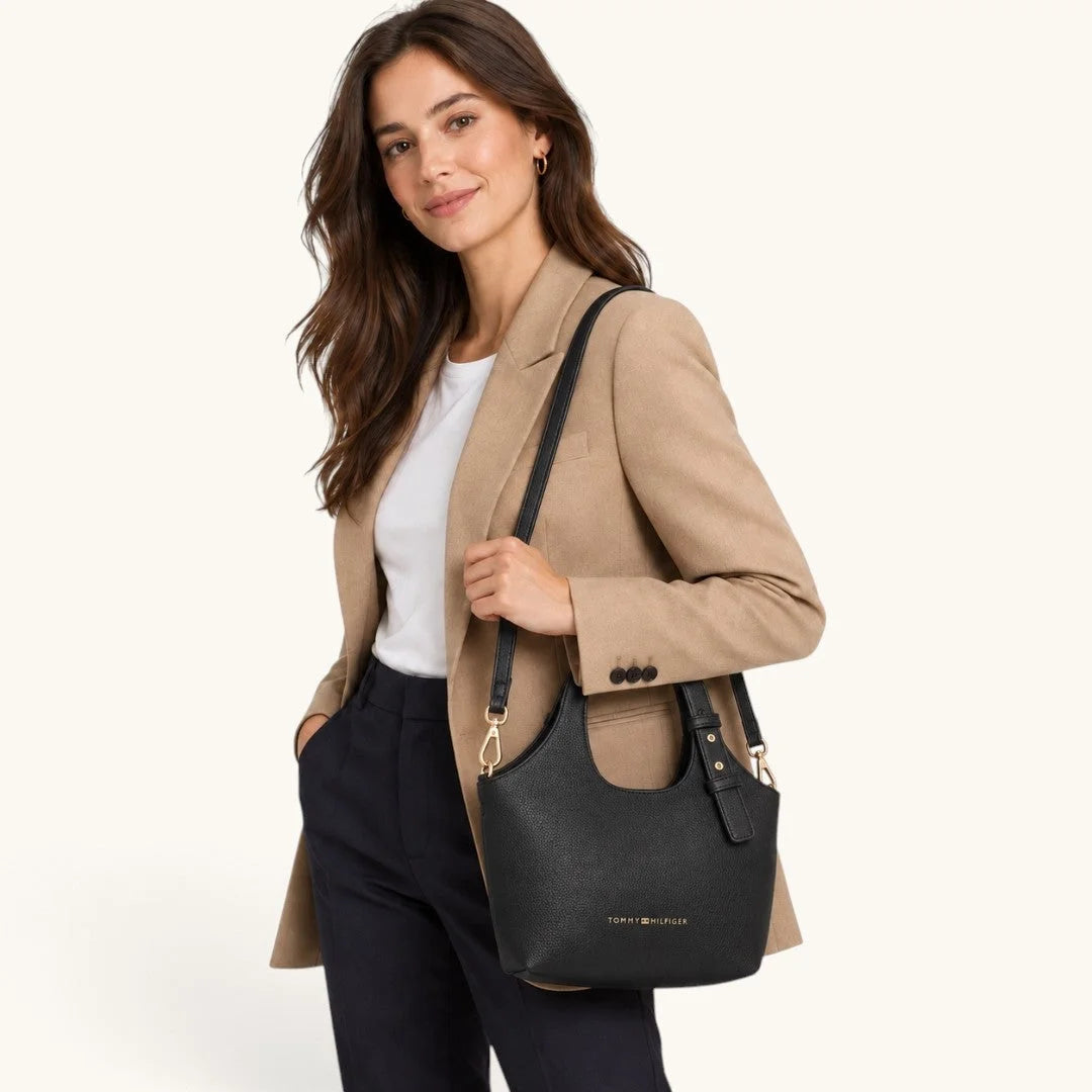 Tommy Hilfiger Metallic Logo Pebbled Mini Tote Bag - BLK - Black