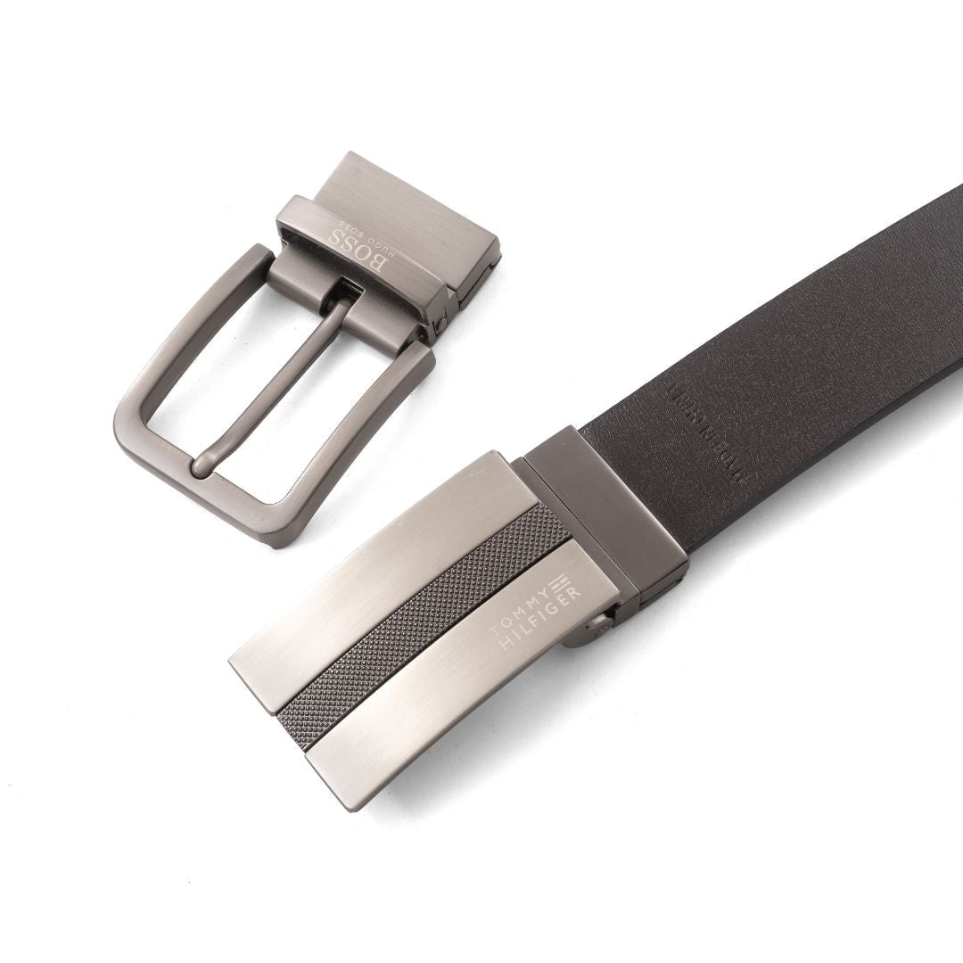Tommy Hilfiger Reversible Leather Belt with Two Buckles – Black/Brown