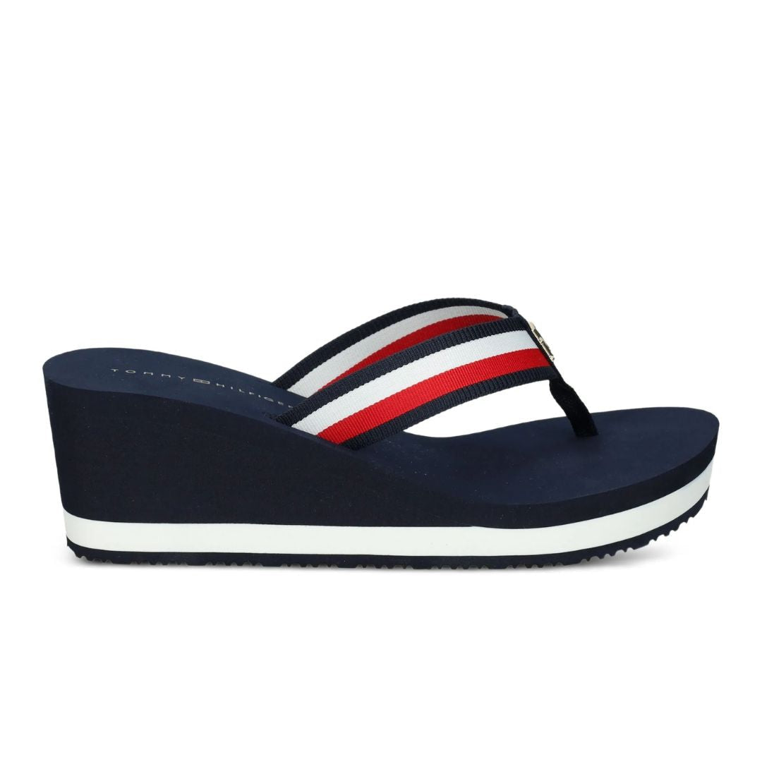 Tommy Hilfiger Signature Strap Wedge Flip Flops Women NVY