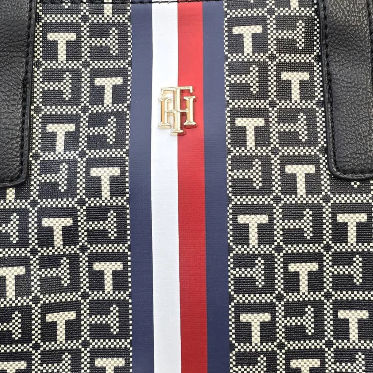 Tommy Hilfiger TH logo metal Tote bag handbag women - BLK - Black