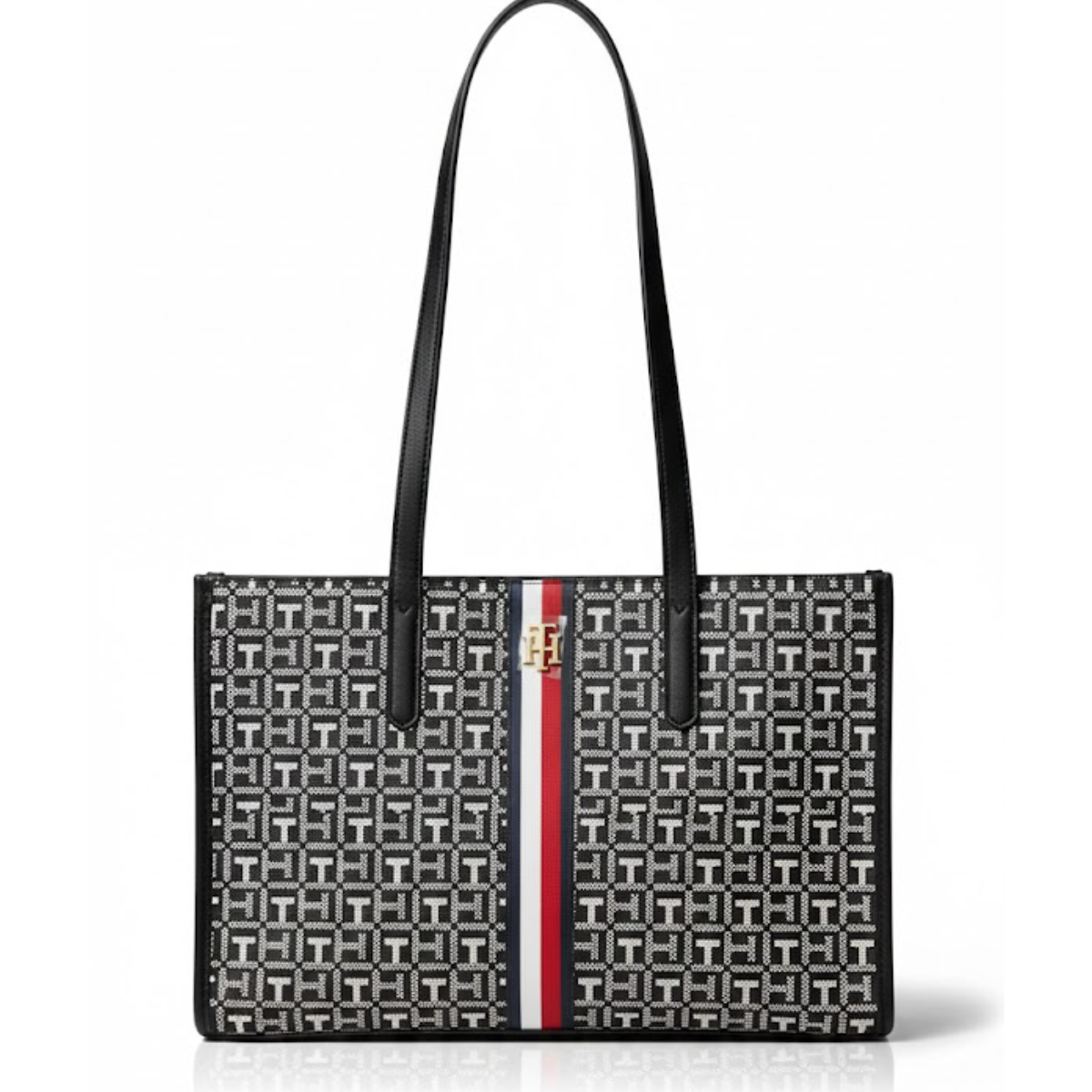 Tommy Hilfiger TH logo metal Tote bag handbag women - BLK - Black