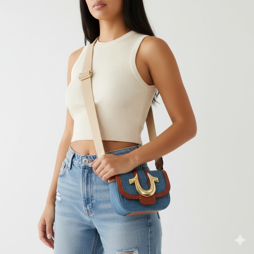 TRUE RELIGION Signature Denim Leather Shoulder Bag - BLU - Blue / OS