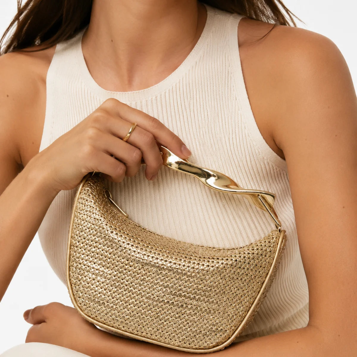 ZARA Bohemia Straw Beach Bag Crossbody Women - GLD - Gold