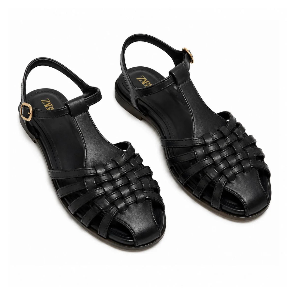 ZARA Braided Leather Sandals Women 1615-010- BLK - Black / 37