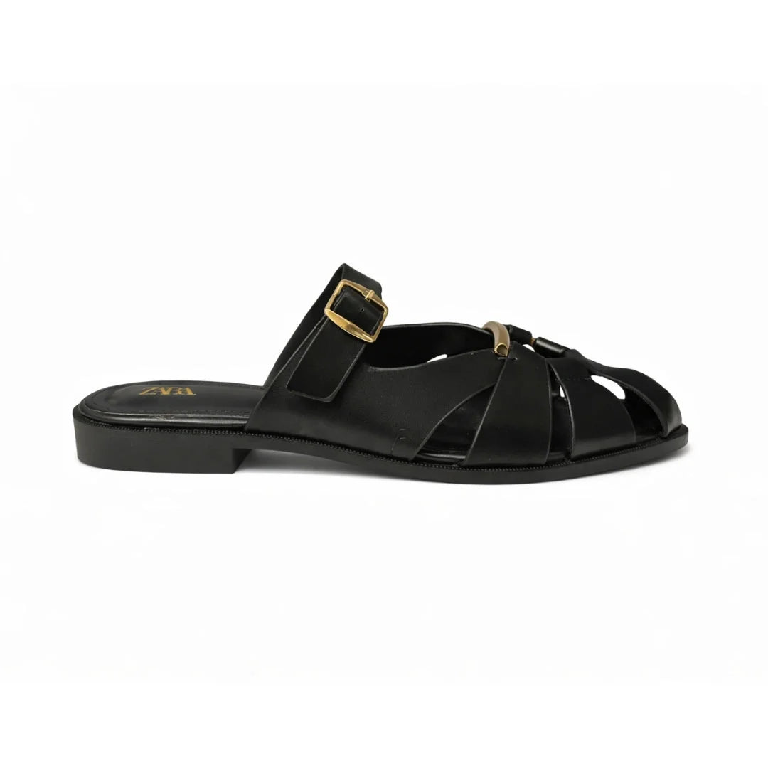 ZARA Classic Leather Sandal with Gold Detail Women 1514-210-BLK - Black / 37