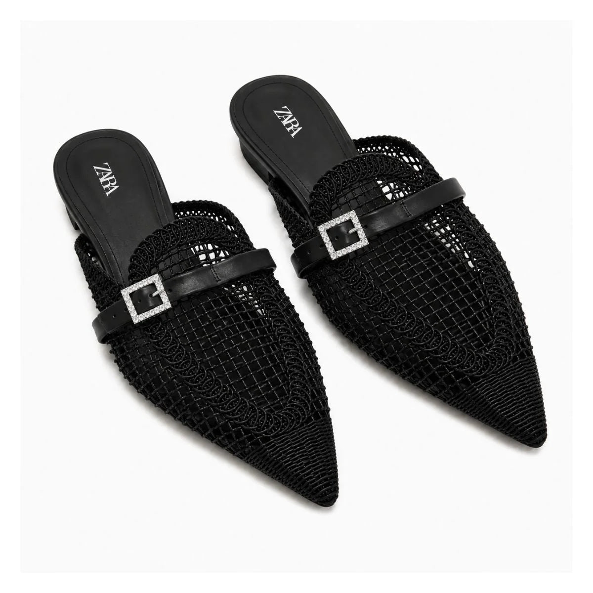 ZARA parkly Rhinestone Flat Sandals Women 1615-010- BLK - Black / 37